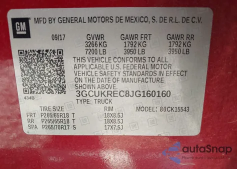 2018 Chevrolet Silverado 1500 1Lt из США, поврежденный, VIN 3GCUKREC8JG160160